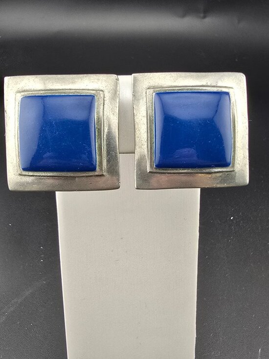 Robin Kahn Jewelry - Robin Kahn Blue Enamel Silver Tone Square Clip Earrings